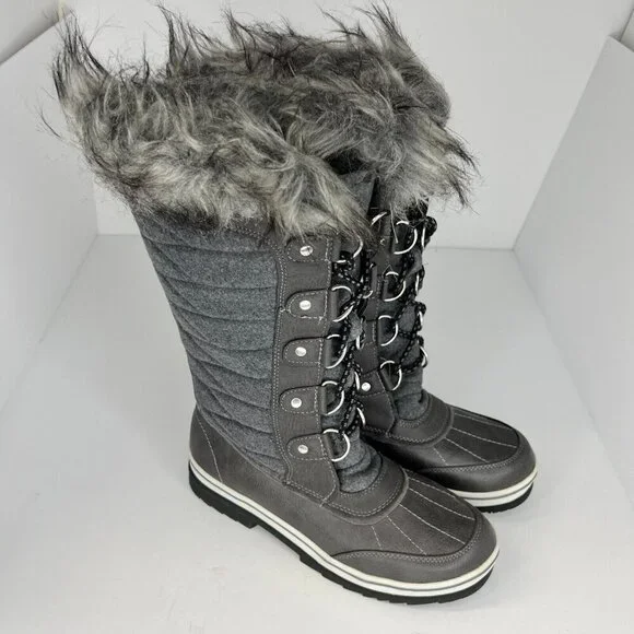 Womens Dark Gray Waterproof Lace Up Faux Fur Winter Mid Calf Size 8M Snow Boots - Picture 2 of 8